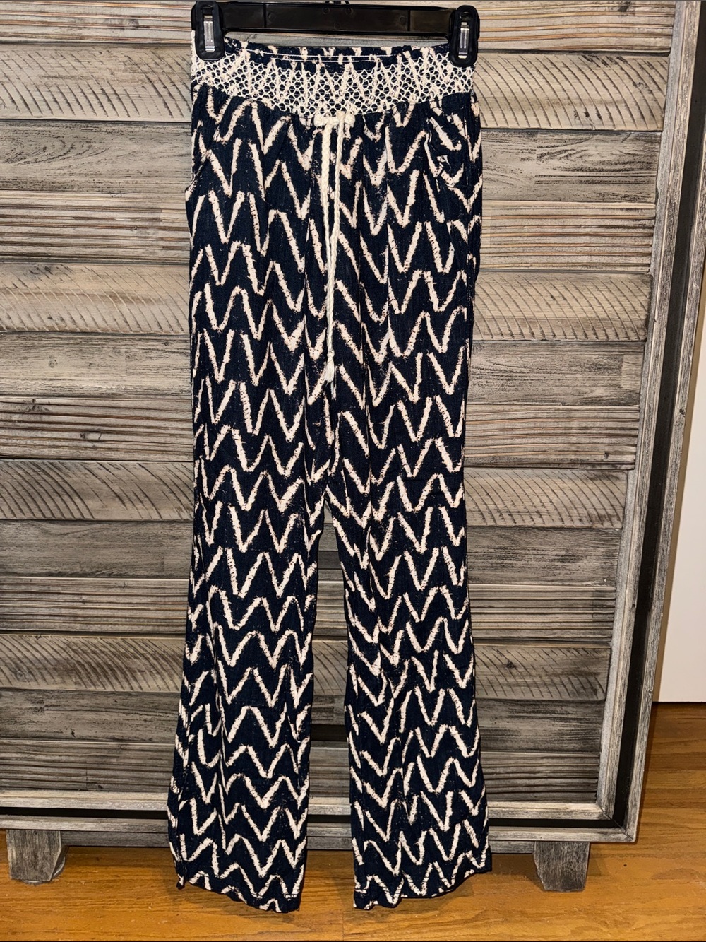 Cali 1850 Chevron print linen mix pants featuring a smocked waistband